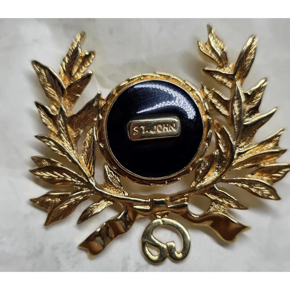 Rare Vintage ST. JOHN Maltese Gold Plated Black Enamel Dangle Logo Pin Brooch
